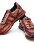 Paul Parkman Men's Brown Burnished Textured Leather Sneakers (ID