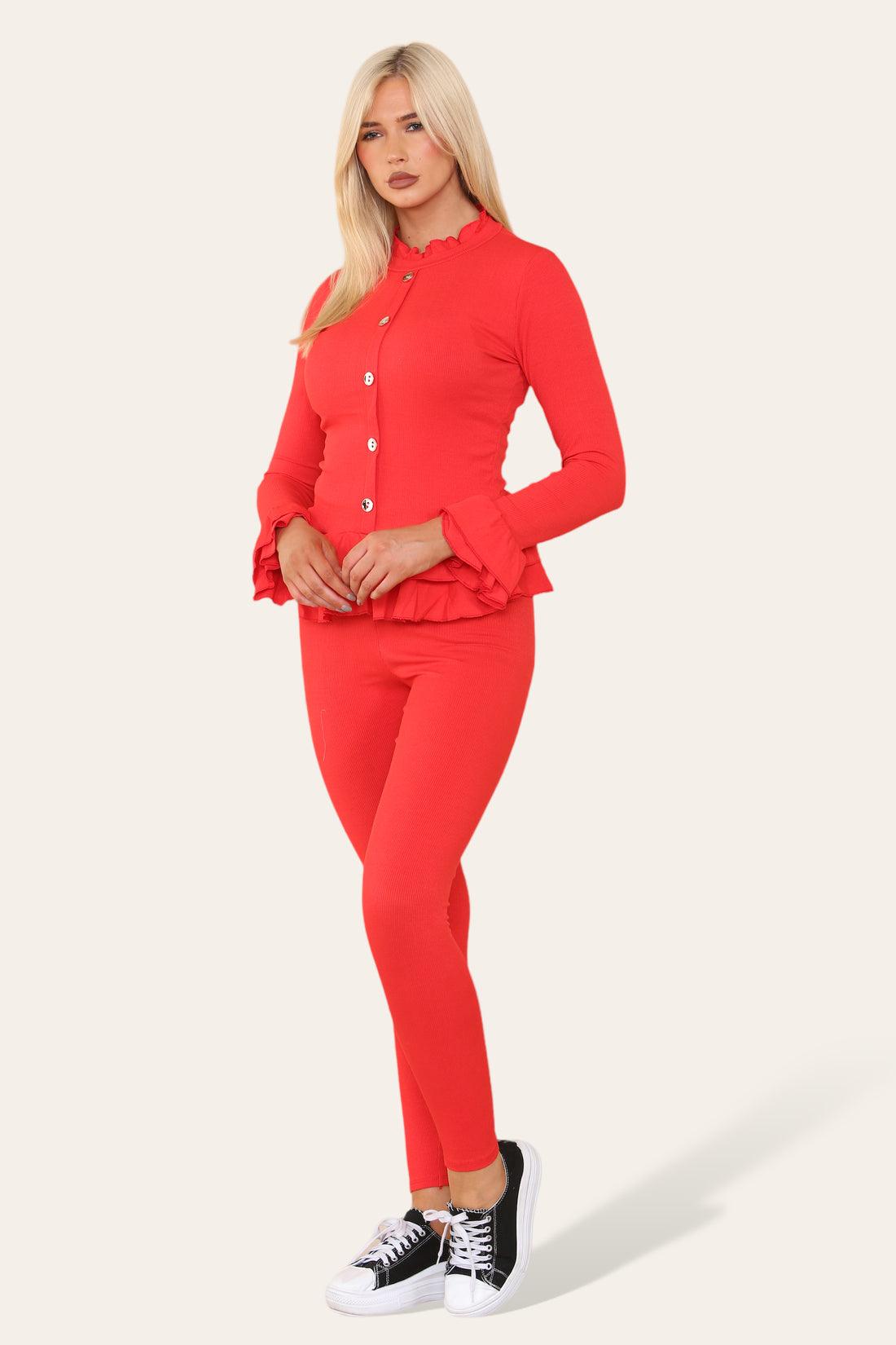 Long Sleeves Peplum Front Buttons Frilled Hem Lounge Wear Set - Toi ‘n’ Moi Ltd