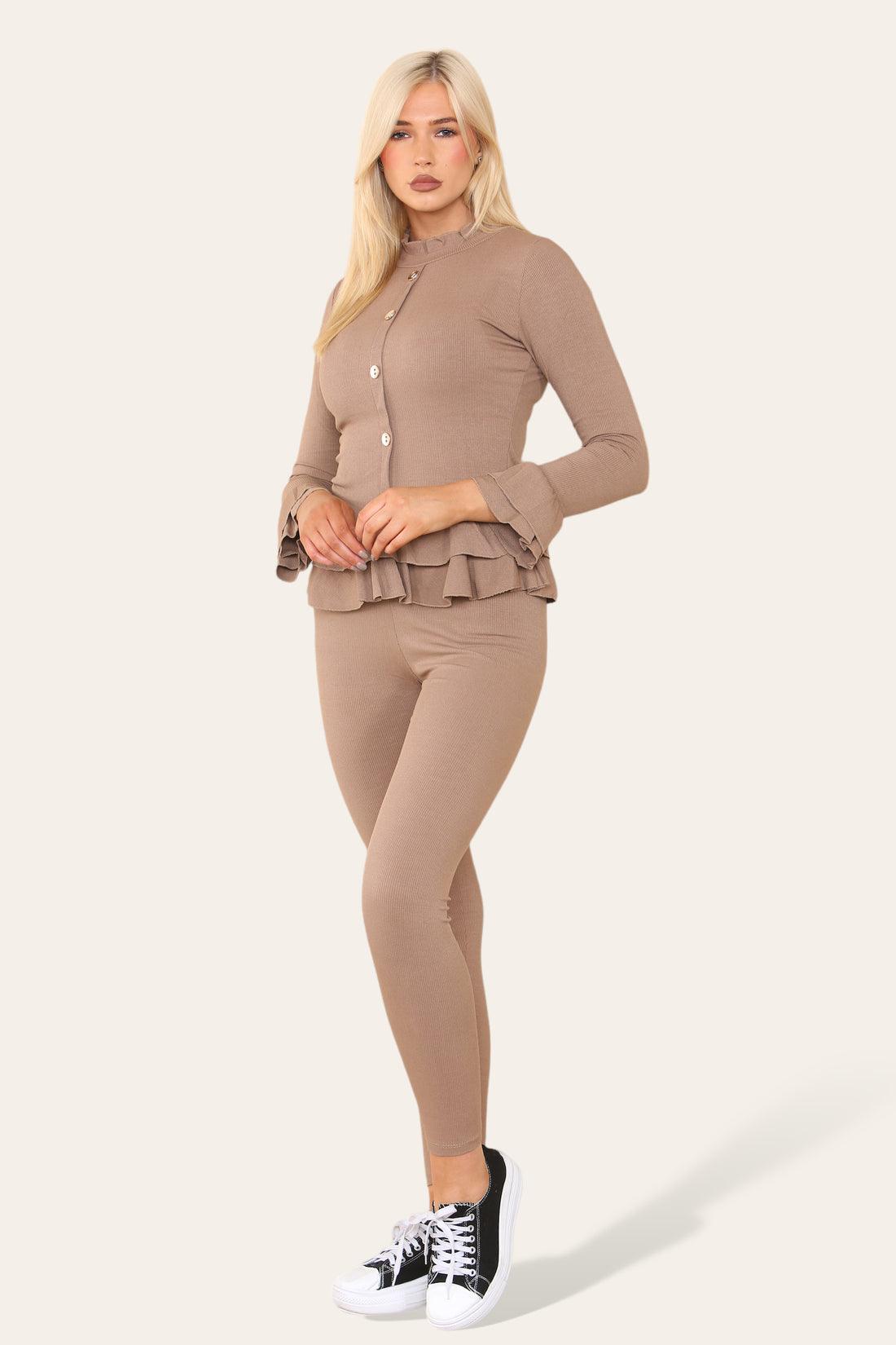 Long Sleeves Peplum Front Buttons Frilled Hem Lounge Wear Set - Toi ‘n’ Moi Ltd