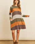 Long Sleeved Rib Stripe Pocket Dress