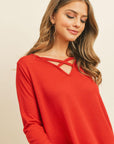 Criss Cross Neck Long Sleeve Hacci Top