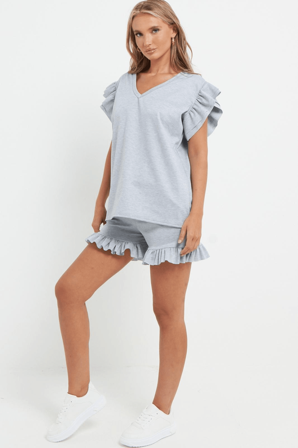 Ladies V Neck Frill Peplum Sleeve Top and Short 2 Piece Tracksuit Set - Toi ‘n’ Moi Ltd