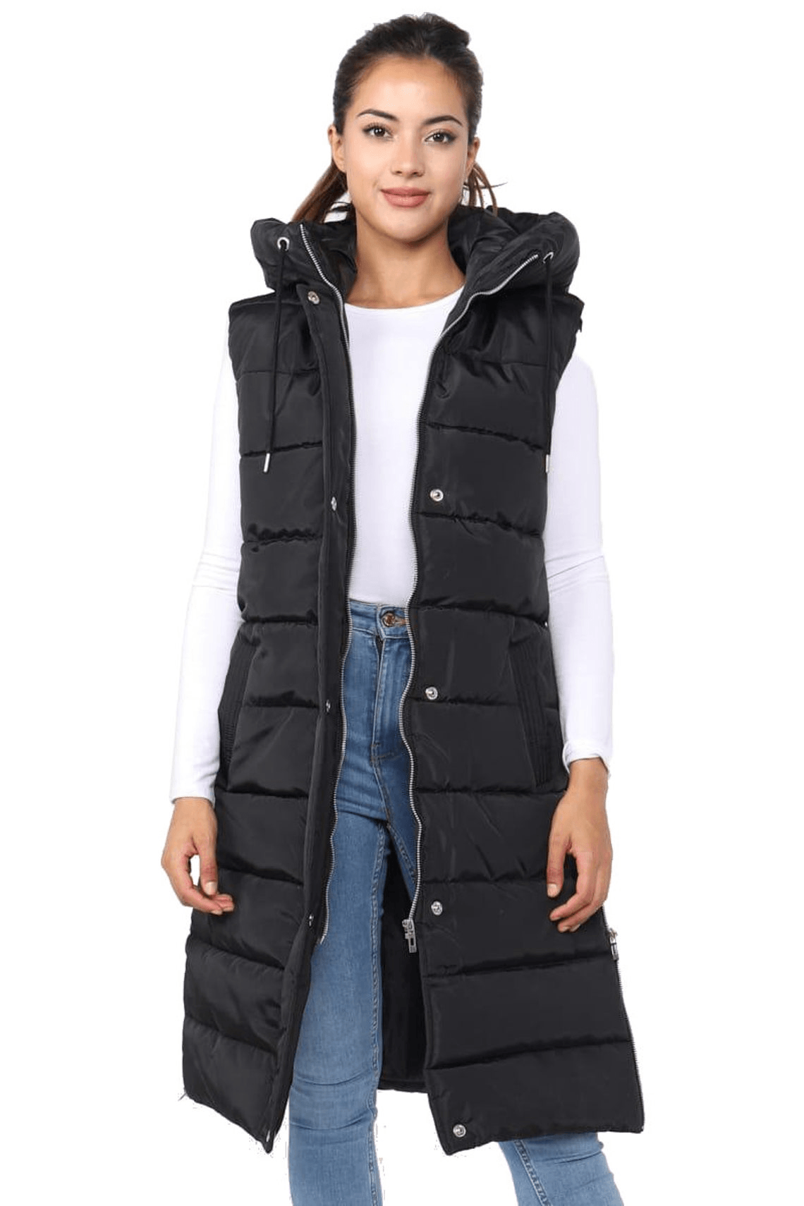 Ladies Girls Long Hooded Puffer Warm Padded Sleeveless Gilet Bodywarmer Zipper - Toi ‘n’ Moi Ltd