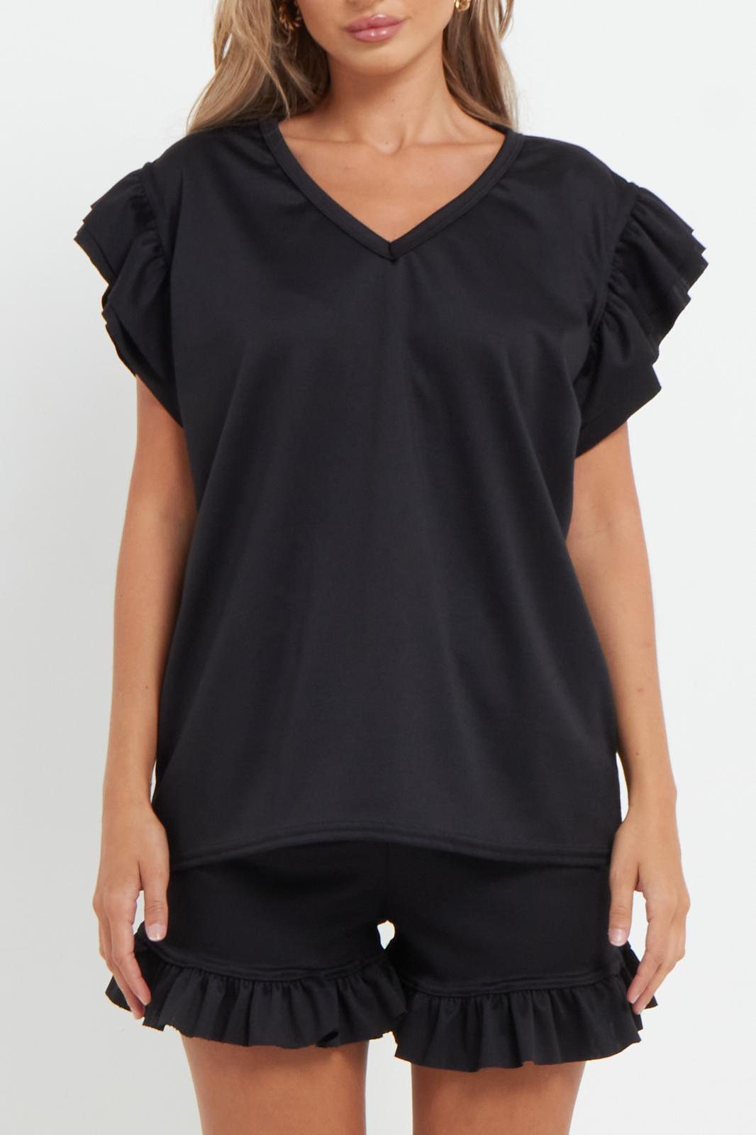 Ladies V Neck Frill Peplum Sleeve Top and Short 2 Piece Tracksuit Set - Toi ‘n’ Moi Ltd