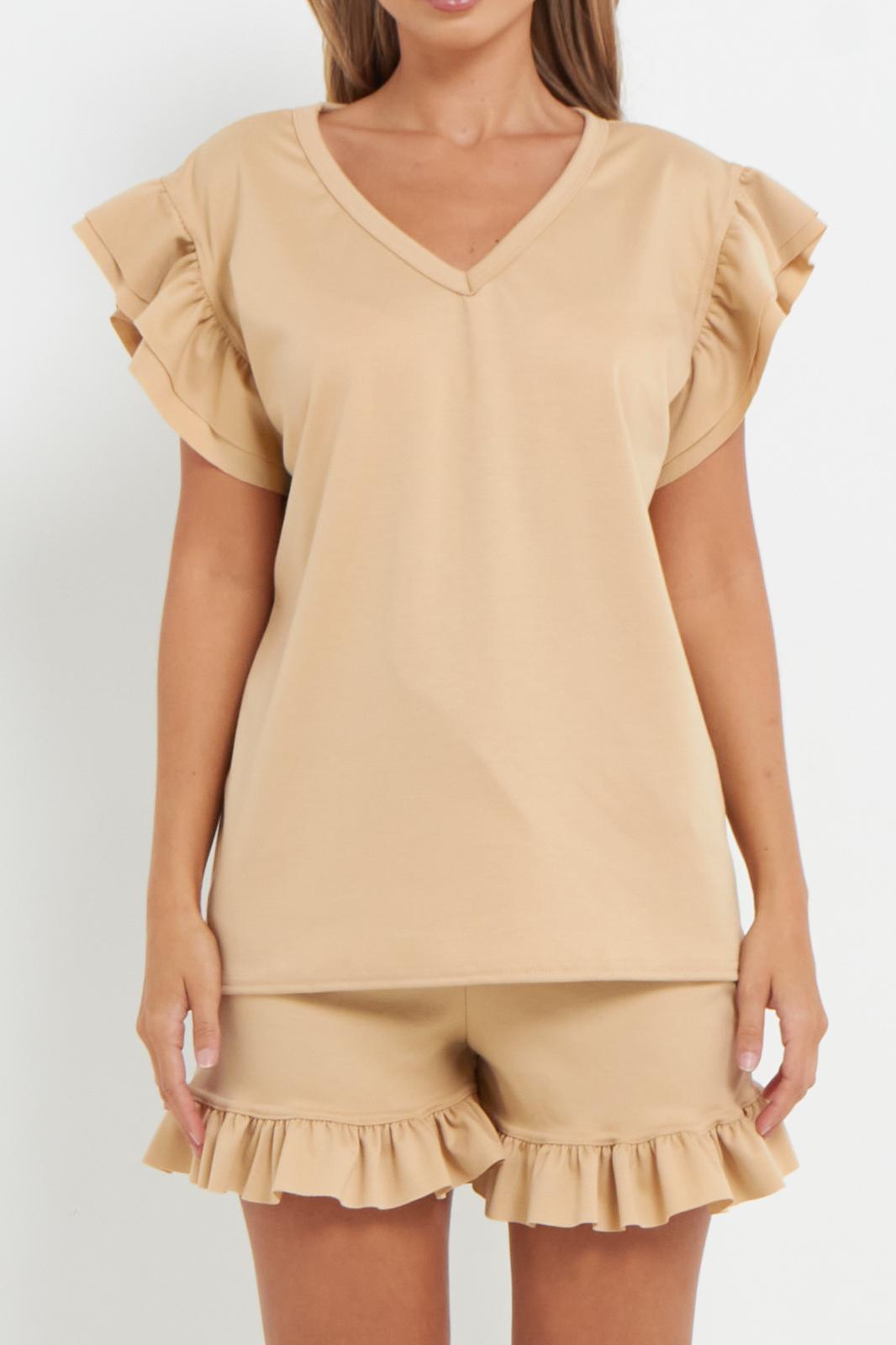 Ladies V Neck Frill Peplum Sleeve Top and Short 2 Piece Tracksuit Set - Toi ‘n’ Moi Ltd
