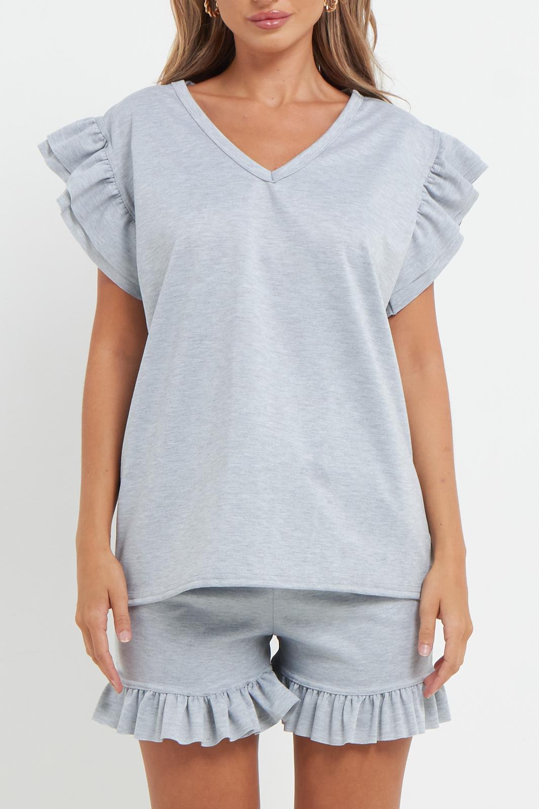 Ladies V Neck Frill Peplum Sleeve Top and Short 2 Piece Tracksuit Set - Toi ‘n’ Moi Ltd