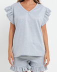 Ladies V Neck Frill Peplum Sleeve Top and Short 2 Piece Tracksuit Set - Toi ‘n’ Moi Ltd