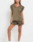 Ladies V Neck Frill Peplum Sleeve Top and Short 2 Piece Tracksuit Set - Toi ‘n’ Moi Ltd