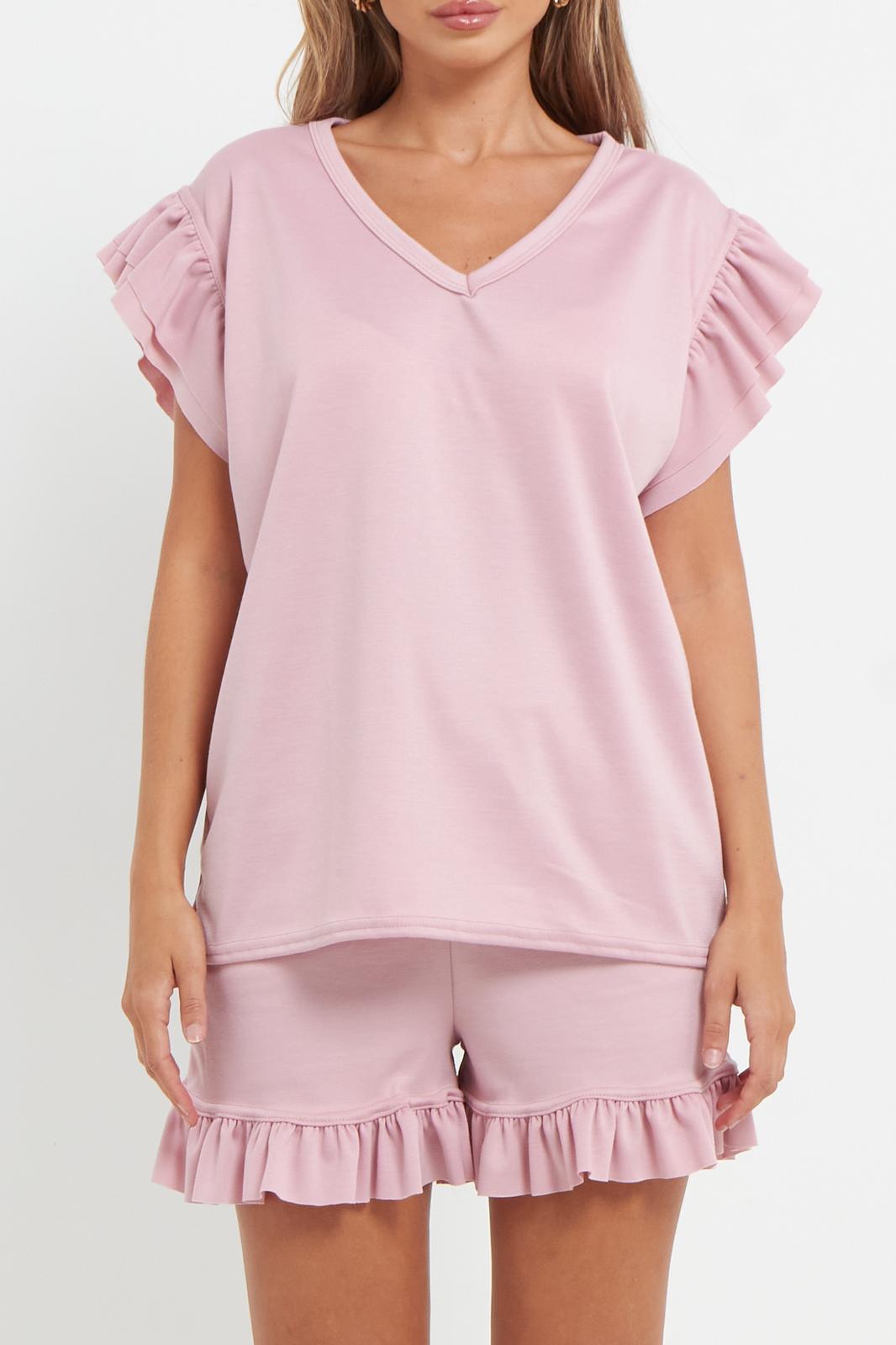 Ladies V Neck Frill Peplum Sleeve Top and Short 2 Piece Tracksuit Set - Toi ‘n’ Moi Ltd