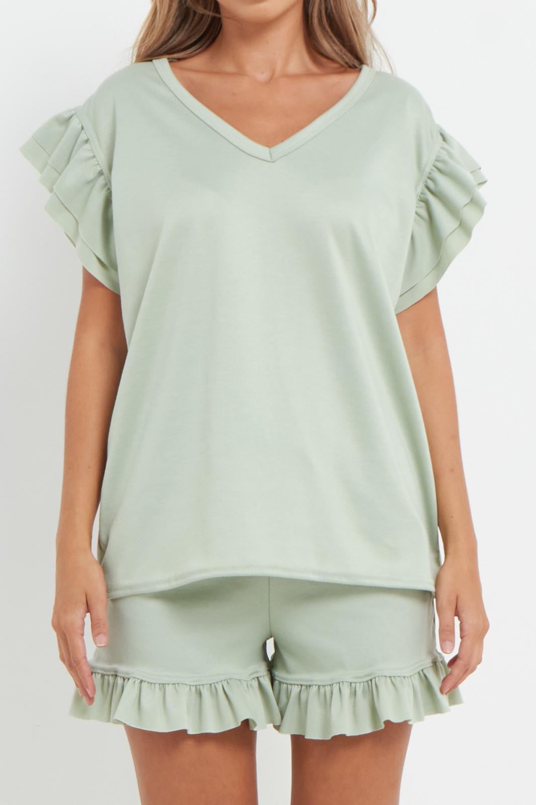 Ladies V Neck Frill Peplum Sleeve Top and Short 2 Piece Tracksuit Set - Toi ‘n’ Moi Ltd