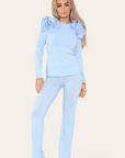 Ruffle Frill Shoulder Ribbed Loungewear Co-Ord Top & Trouser Set - Toi ‘n’ Moi Ltd