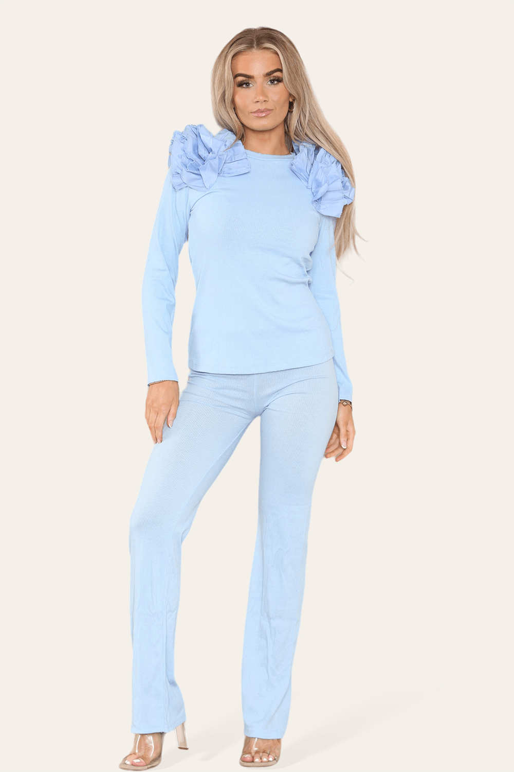 Ruffle Frill Shoulder Ribbed Loungewear Co-Ord Top &amp; Trouser Set - Toi ‘n’ Moi Ltd