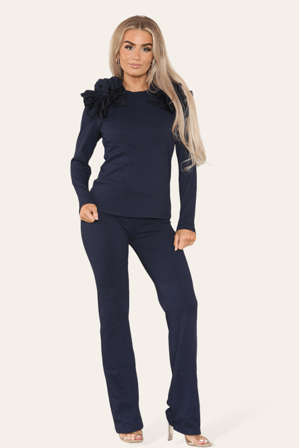 Ruffle Frill Shoulder Ribbed Loungewear Co-Ord Top &amp; Trouser Set - Toi ‘n’ Moi Ltd