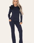 Ruffle Frill Shoulder Ribbed Loungewear Co-Ord Top & Trouser Set - Toi ‘n’ Moi Ltd