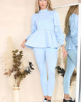 Long Ruched Sleeves Ribbed Peplum Diamond Buttons Frilled Hem Lounge Wear Co-Ord Set - Toi ‘n’ Moi Ltd