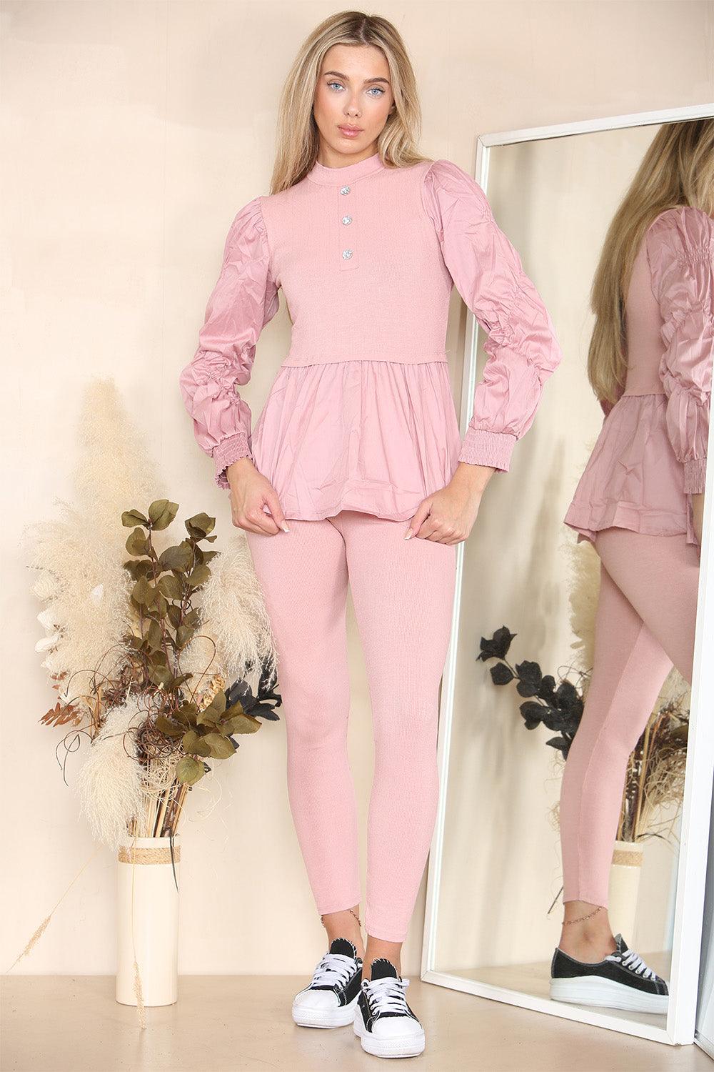 Long Ruched Sleeves Ribbed Peplum Diamond Buttons Frilled Hem Lounge Wear Co-Ord Set - Toi ‘n’ Moi Ltd