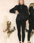 Long Ruched Sleeves Ribbed Peplum Diamond Buttons Frilled Hem Lounge Wear Co-Ord Set - Toi ‘n’ Moi Ltd