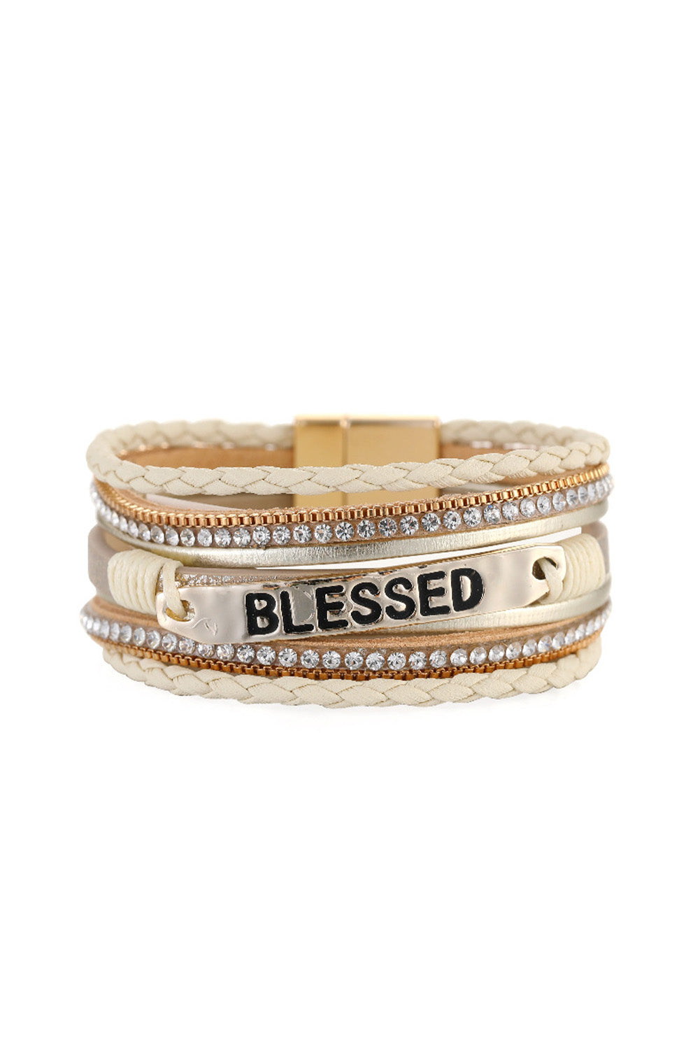 Beige BLESSED Rhinestone Braided Detail Buckle Bracelet - Toi ‘n’ Moi Ltd