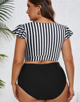 Black Stripe Plus Size Knot Cutout Ruffle Sleeve and High Waisted 2pcs Swimsuit - Toi ‘n’ Moi Ltd