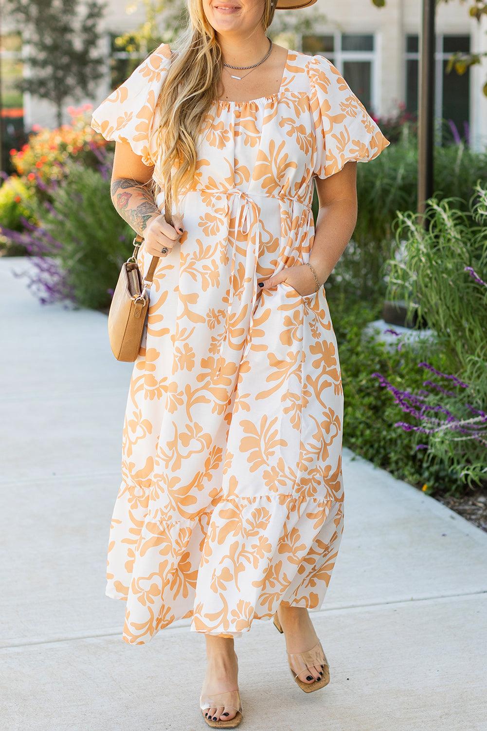 Apricot Floral Print Puff Short Sleeve Resort Plus Size Maxi Dress - Toi ‘n’ Moi Ltd