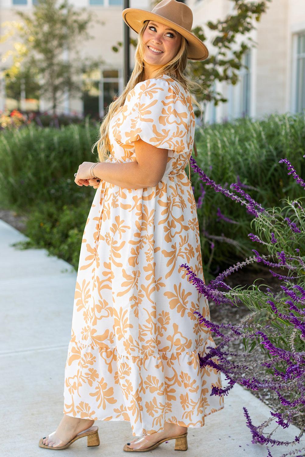 Apricot Floral Print Puff Short Sleeve Resort Plus Size Maxi Dress - Toi ‘n’ Moi Ltd