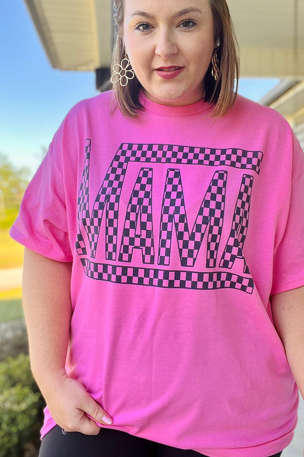 Bright Pink Checker MAMA Letter Printed Graphic Plus Size T Shirt - Toi ‘n’ Moi Ltd