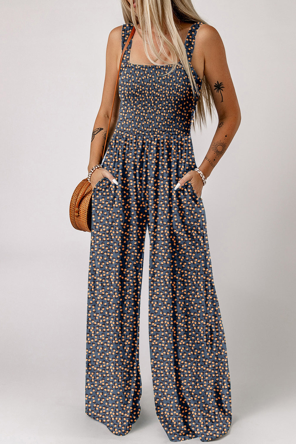 Black Floral Square Neckline Stretch High Waist Jumpsuit - Toi ‘n’ Moi Ltd