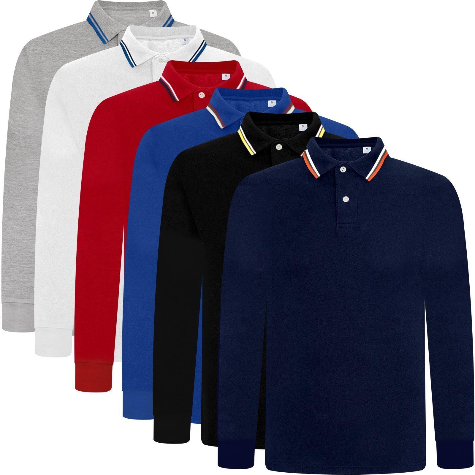 Mens Tipping Pique Polo Shirt Top Long Sleeve Work Collared Casual Office Wear - Toi ‘n’ Moi Ltd