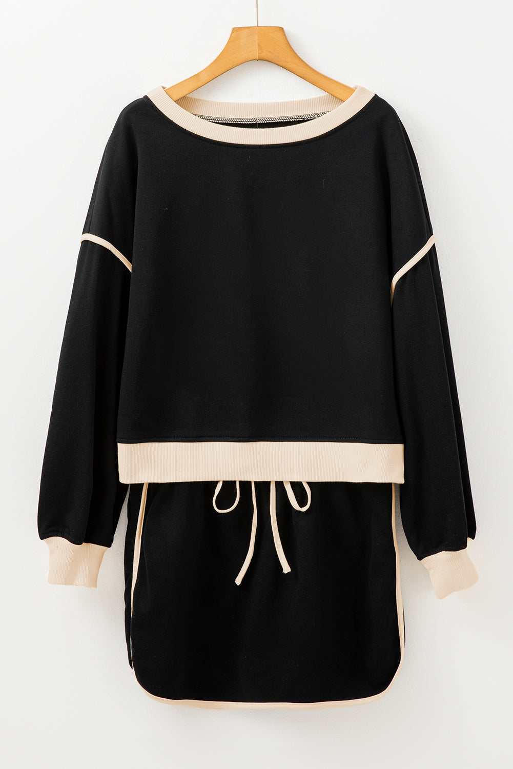 Black Contrast Trim Loose Pullover and Lace-up Waist Skort Set - Toi ‘n’ Moi Ltd