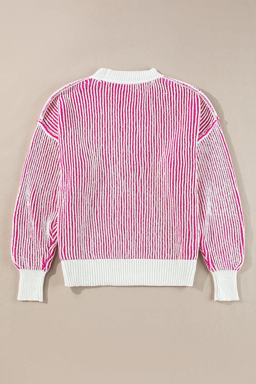Bright Pink Striped Textured Knit Contrast Edge Loose Sweater - Toi ‘n’ Moi Ltd