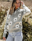 Gray Floral Pattern Half Zip Drop Shoulder Sweater