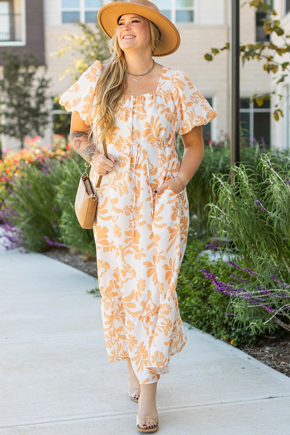 Apricot Floral Print Puff Short Sleeve Resort Plus Size Maxi Dress - Toi ‘n’ Moi Ltd