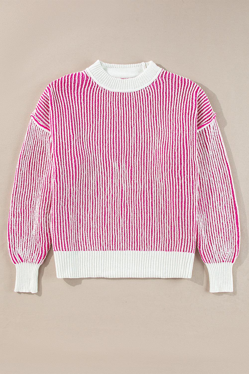 Bright Pink Striped Textured Knit Contrast Edge Loose Sweater - Toi ‘n’ Moi Ltd