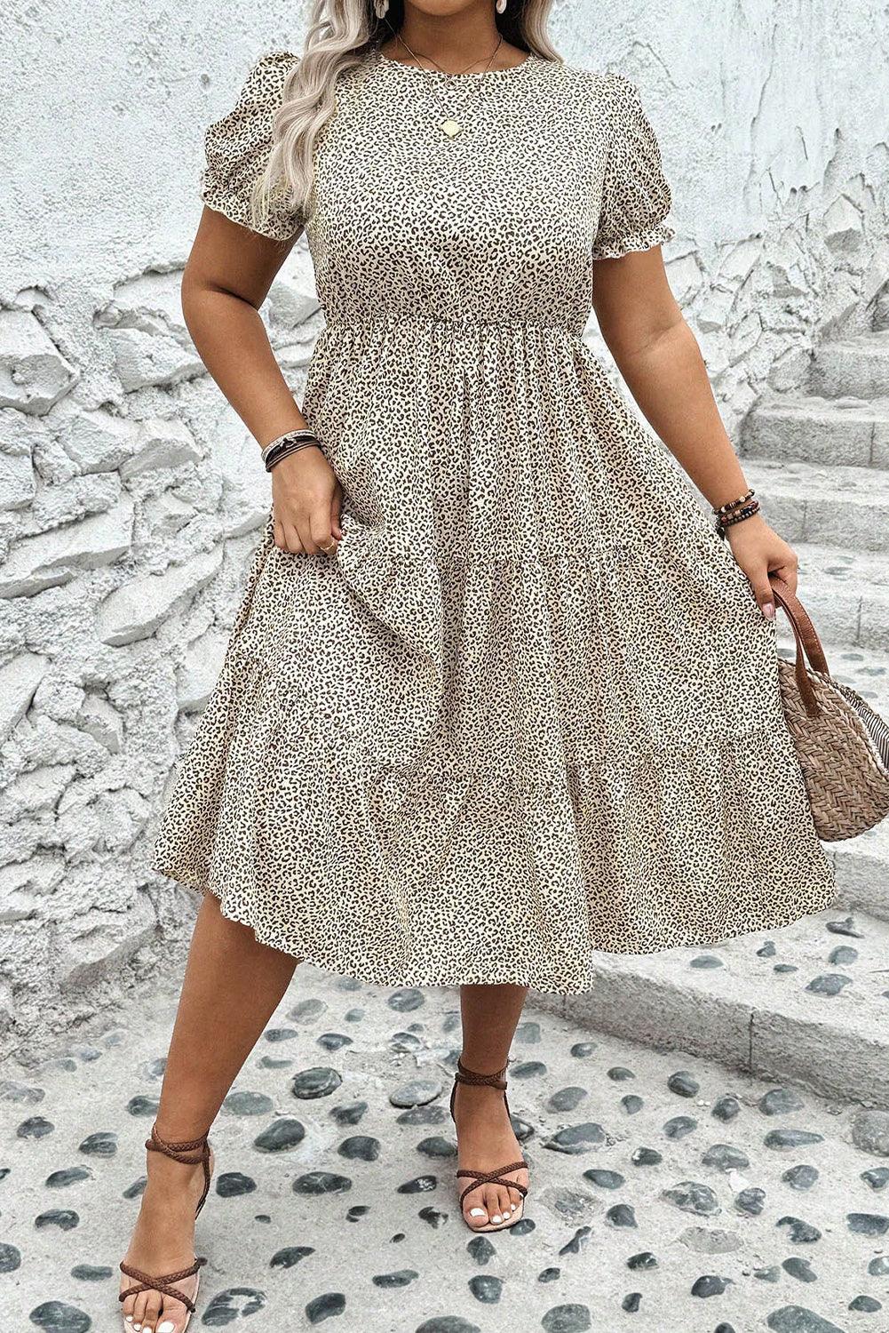 Beige Plus Size Leopard Print Frill Trim Short Sleeve Flared Dress - Toi ‘n’ Moi Ltd