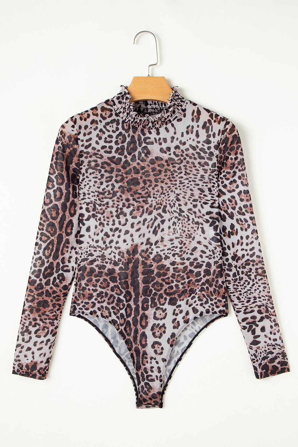 Brown Allover Leopard Print Smocked Neck Mesh Bodysuit - Toi ‘n’ Moi Ltd