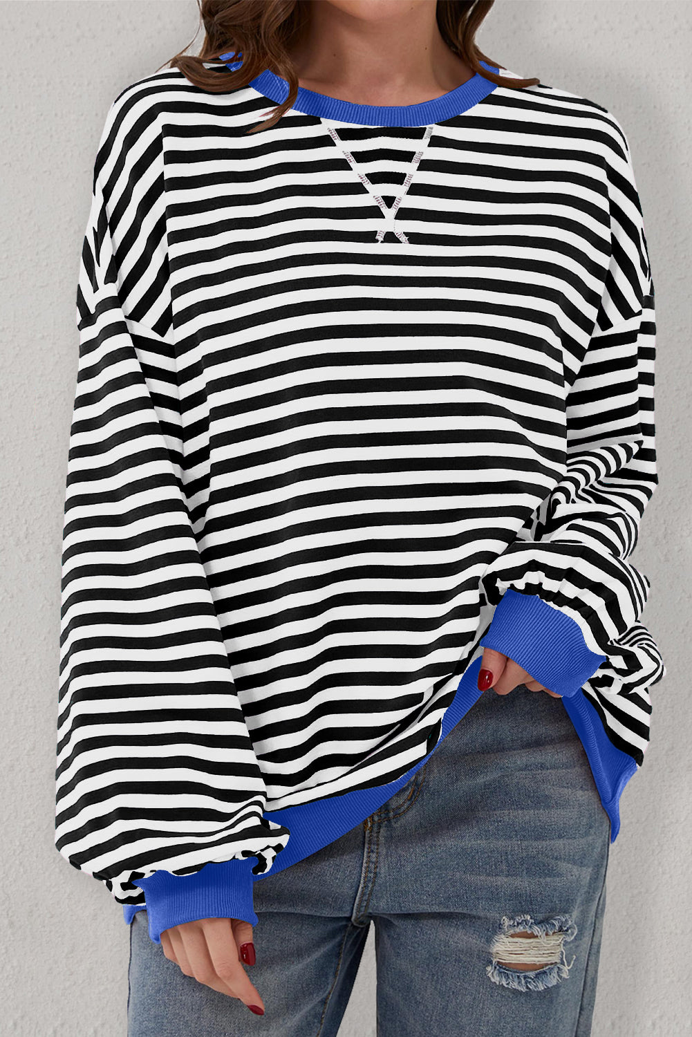 Black Stripe Oversized Contrast Trim Pullover Sweatshirt - Toi ‘n’ Moi Ltd