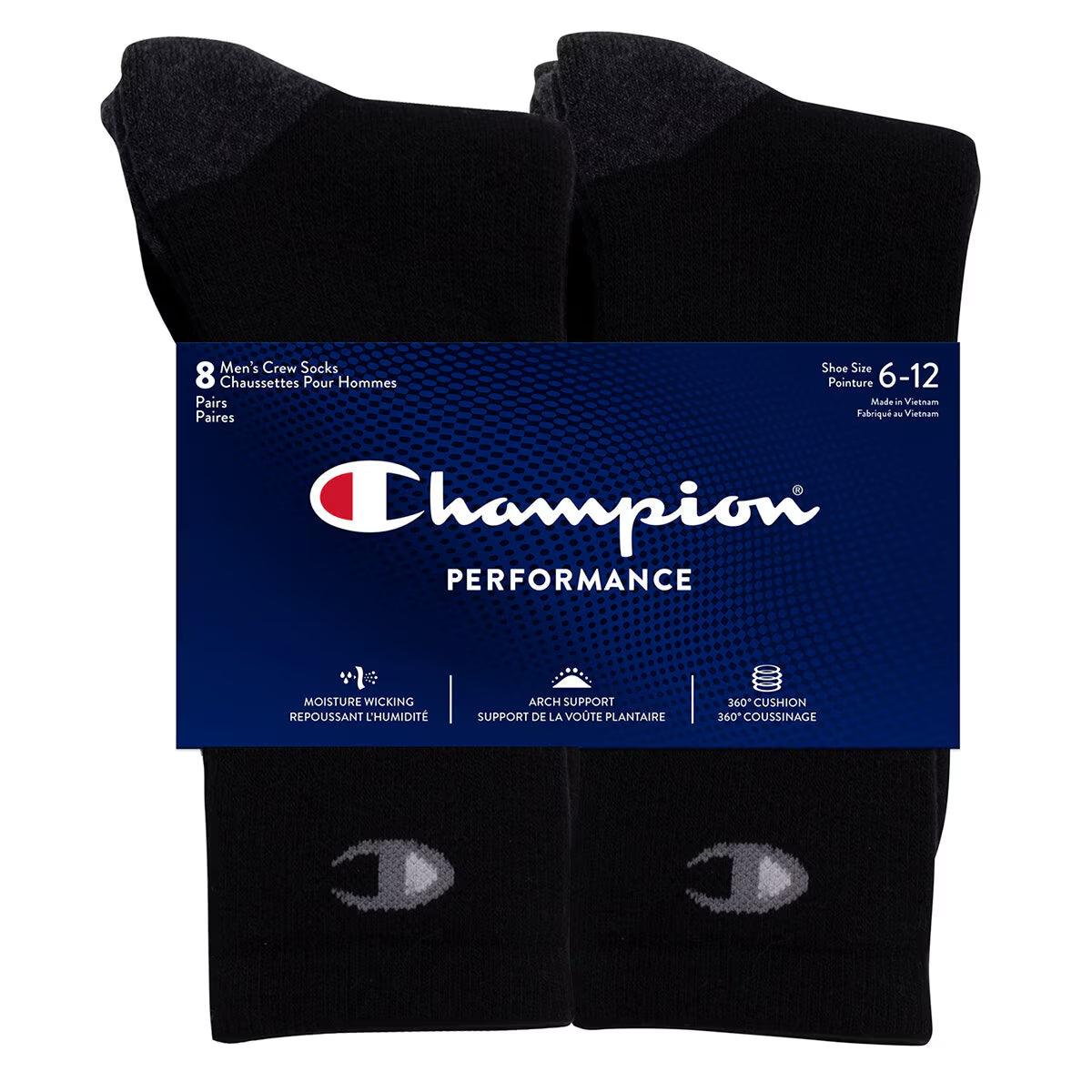 Champion Mens Crew Sock, 8 Pack in Black - Toi ‘n’ Moi Ltd