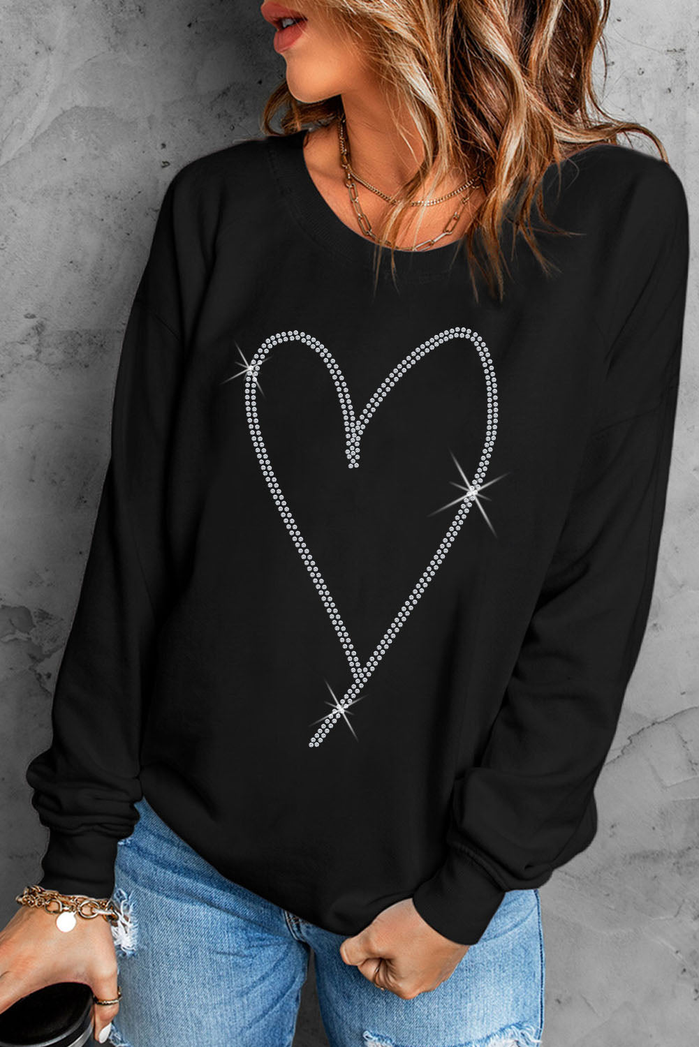 Black Rhinestone Heart Pattern Valentines Fashion Sweatshirt - Toi ‘n’ Moi Ltd