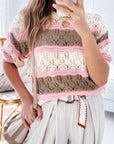 Brown Stripe Color Block Hollow Out Crochet Half Sleeve Sweater - Toi ‘n’ Moi Ltd