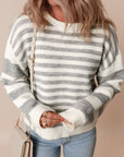 Gray Stripe Drop Shoulder Crew Neck Sweater