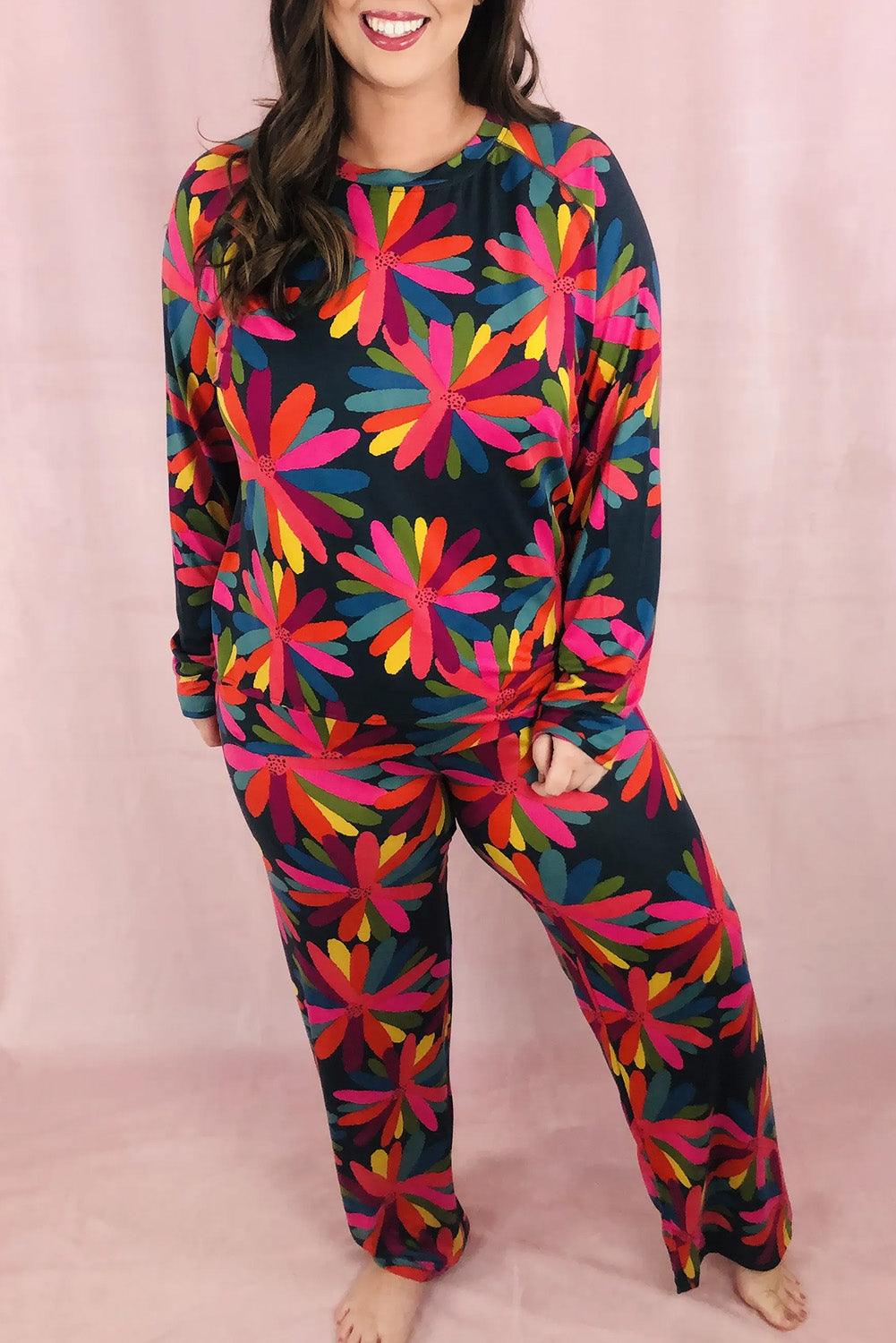 Black Plus Size Printed Long Sleeve and Pants Lounge Set - Toi ‘n’ Moi Ltd