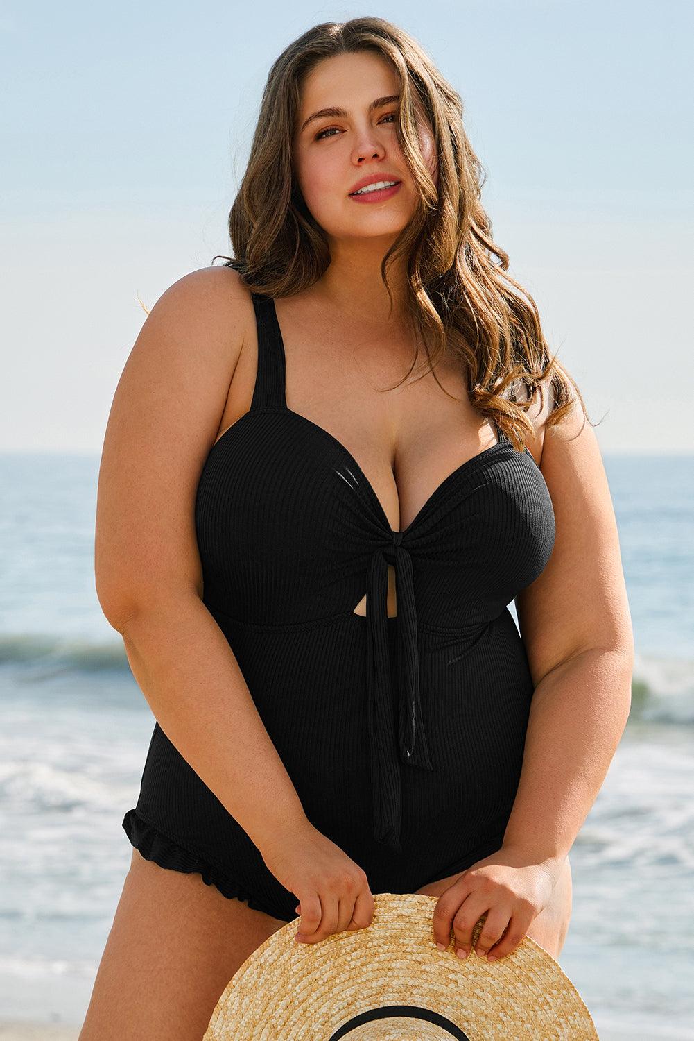 Black Plus Size Textured Knotted Ruffled Trim One Piece Swimwear - Toi ‘n’ Moi Ltd