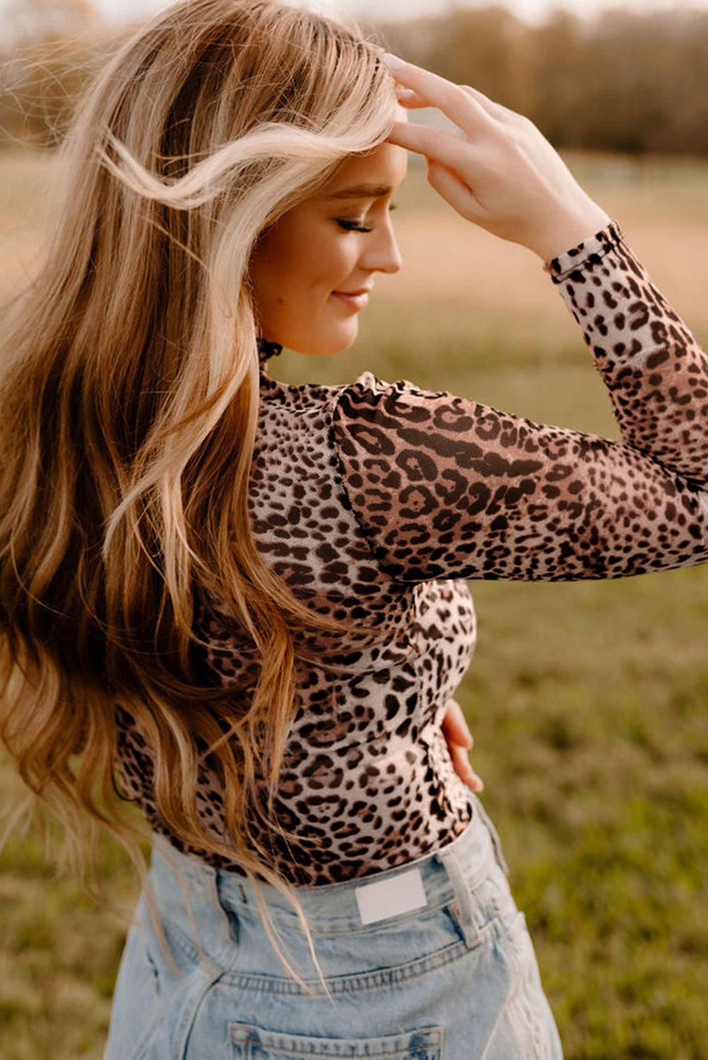 Brown Allover Leopard Print Smocked Neck Mesh Bodysuit - Toi ‘n’ Moi Ltd