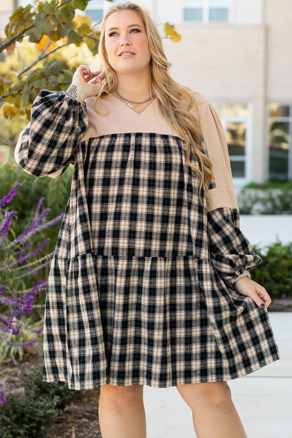 Black Plaid Waffle Knit Patchwork Collared V Neck Plus Size Mini Dress - Toi ‘n’ Moi Ltd