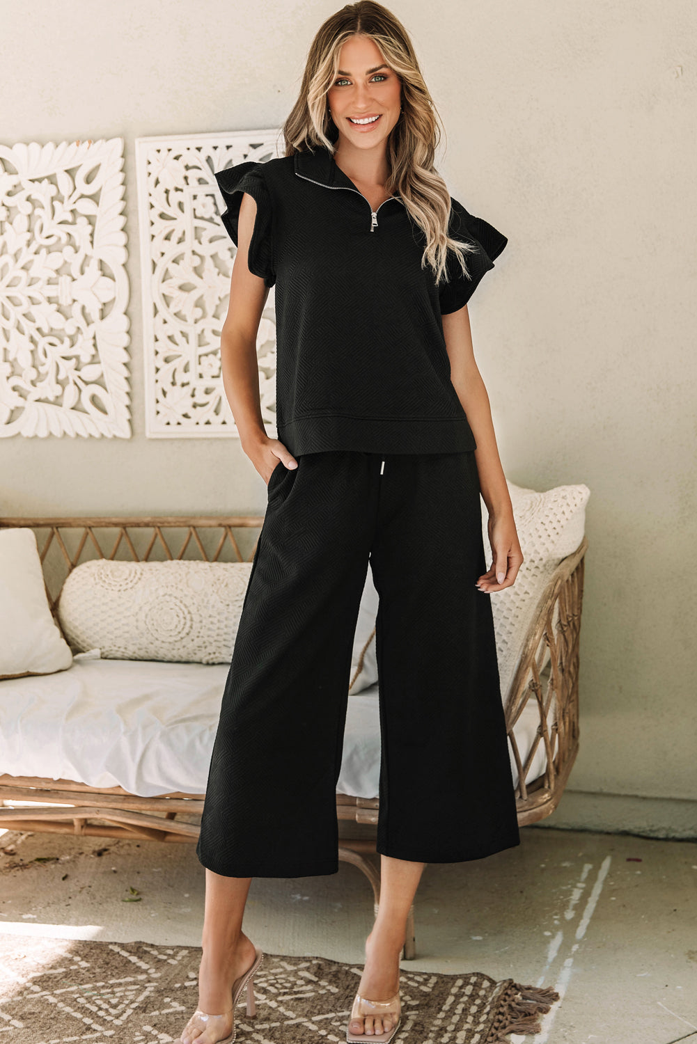 Black Textured Flutter Sleeve Top Wide Leg Pants Set - Toi ‘n’ Moi Ltd