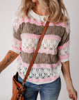 Brown Stripe Color Block Hollow Out Crochet Half Sleeve Sweater - Toi ‘n’ Moi Ltd