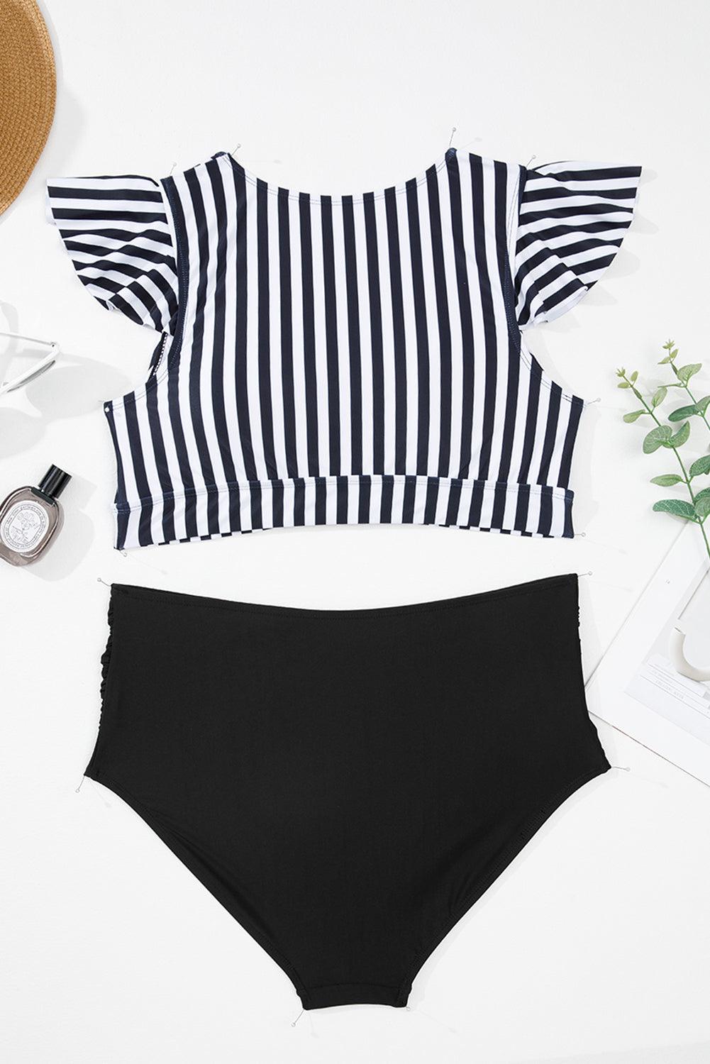 Black Stripe Plus Size Knot Cutout Ruffle Sleeve and High Waisted 2pcs Swimsuit - Toi ‘n’ Moi Ltd