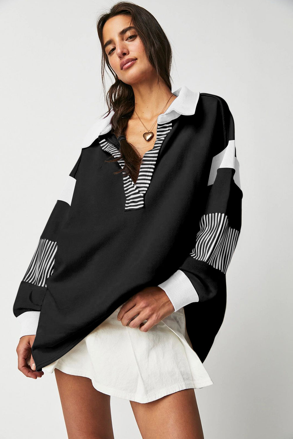 Black Striped Colorblock Patchwork Collar Sweatshirt - Toi ‘n’ Moi Ltd