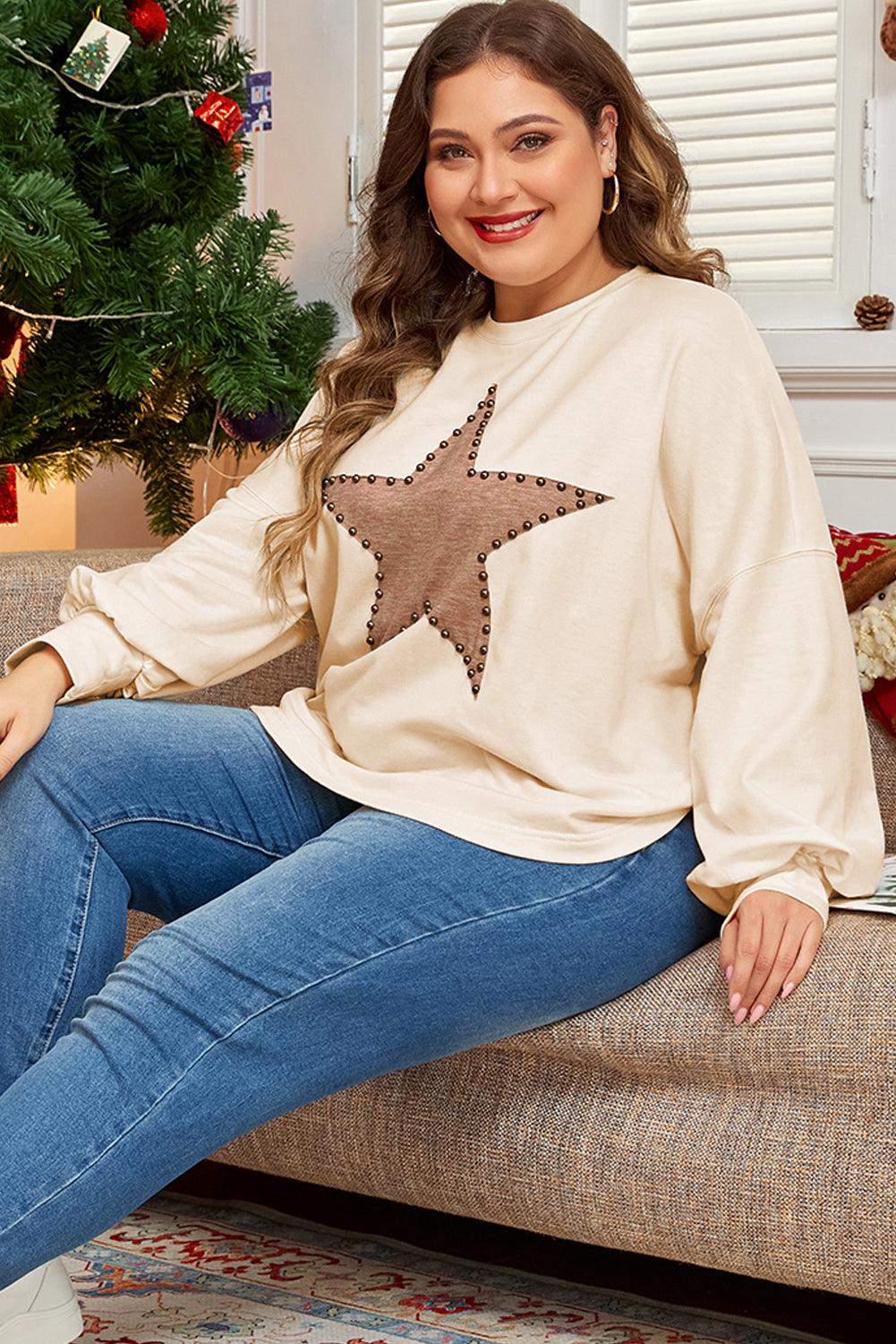Beige Star Shape Studded Crew Neck Plus Size T Shirt - Toi ‘n’ Moi Ltd