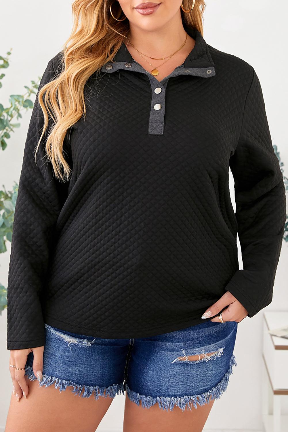 Black Plus Size Quilted Button Up Henley Sweatshirt - Toi ‘n’ Moi Ltd